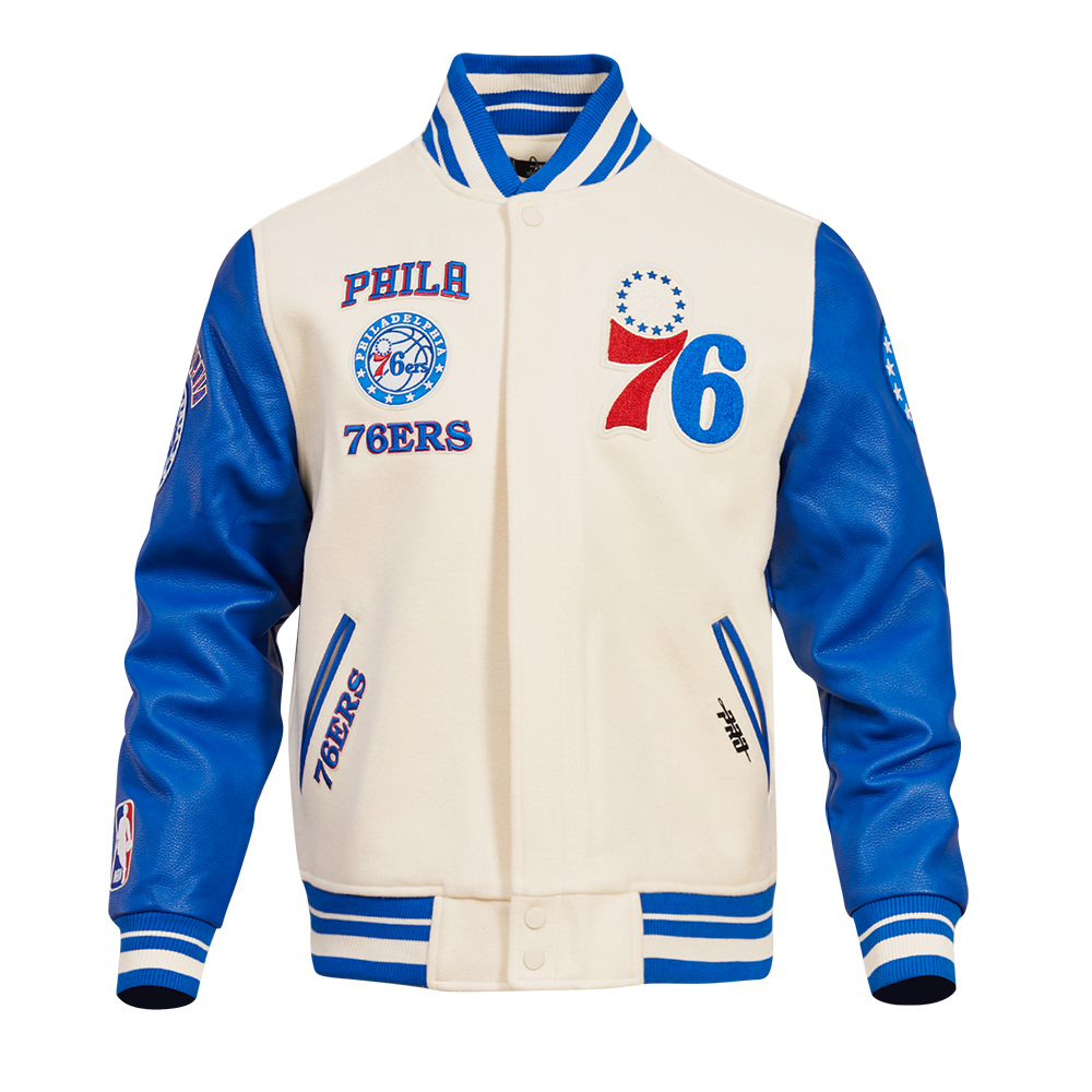 NBA PHILADELPHIA 76ERS RETRO CLASSIC BLOUSON COLLÉGIAL EN LAINE À BORDS CÔTELÉS POUR HOMME (COQUILLE D'ŒUF/BLEU ROYAL)
