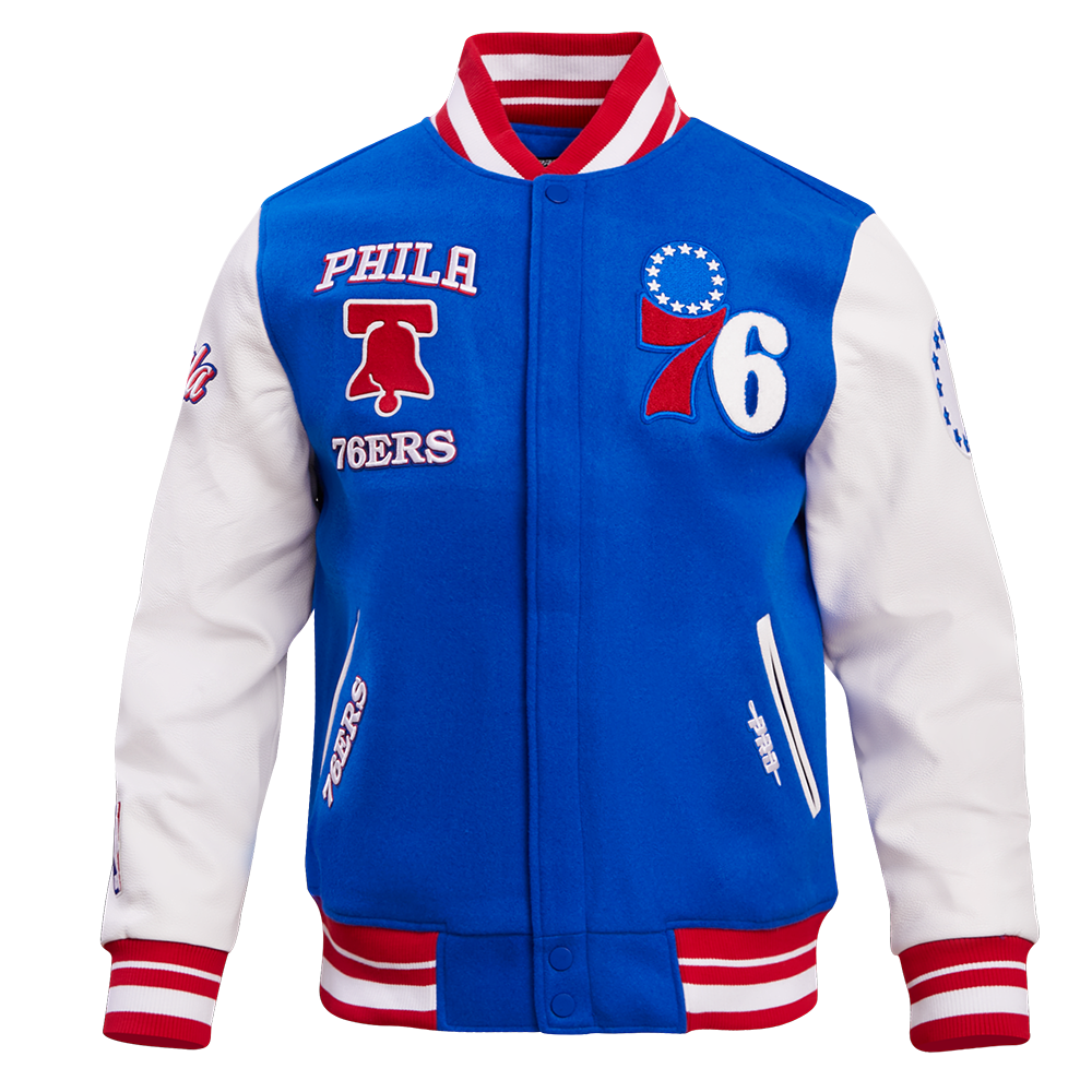 NBA PHILADELPHIA 76ERS RETRO CLASSIC BLOUSON COLLÉGIAL EN LAINE À BORDS CÔTELÉS POUR HOMME (BLEU ROYAL/ROUGE)