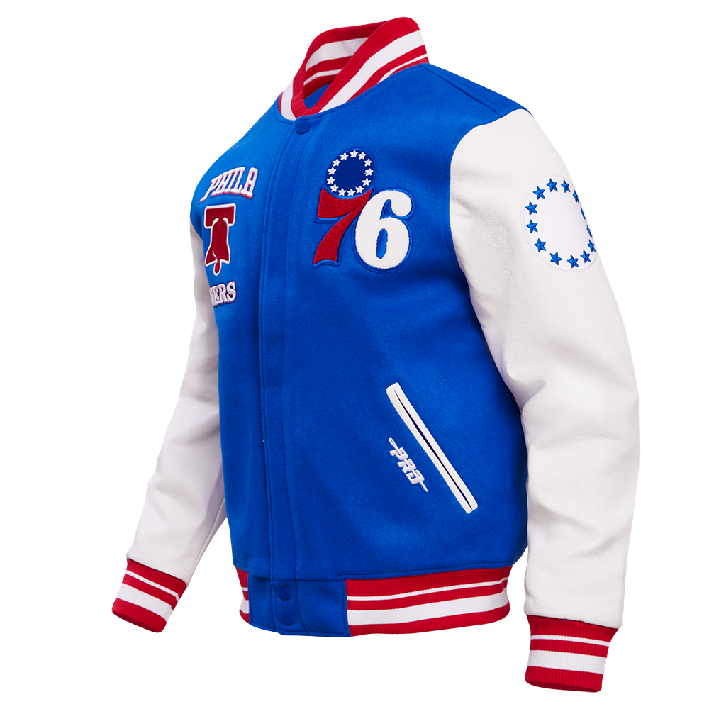 NBA PHILADELPHIA 76ERS RETRO CLASSIC BLOUSON COLLÉGIAL EN LAINE À BORDS CÔTELÉS POUR HOMME (BLEU ROYAL/ROUGE)