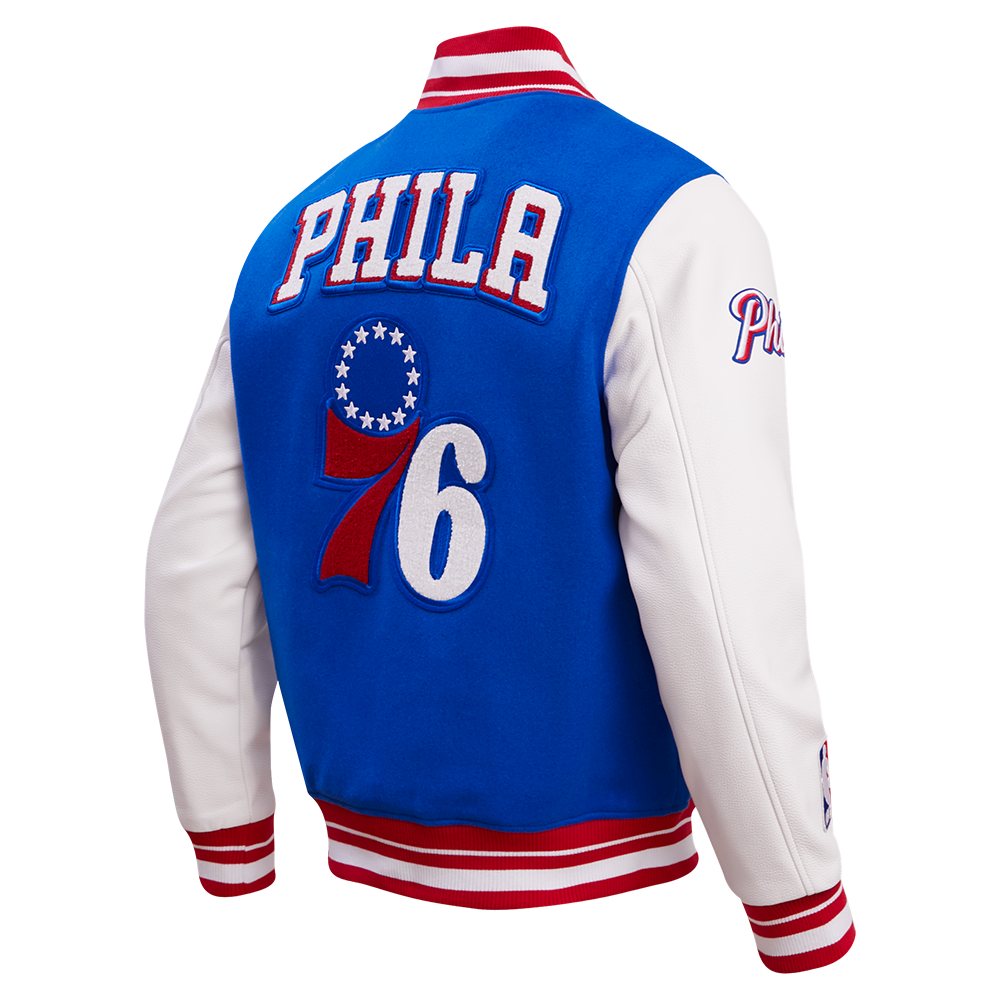 NBA PHILADELPHIA 76ERS RETRO CLASSIC MEN'S RIB WOOL VARSITY JACKET (ROYAL/RED)