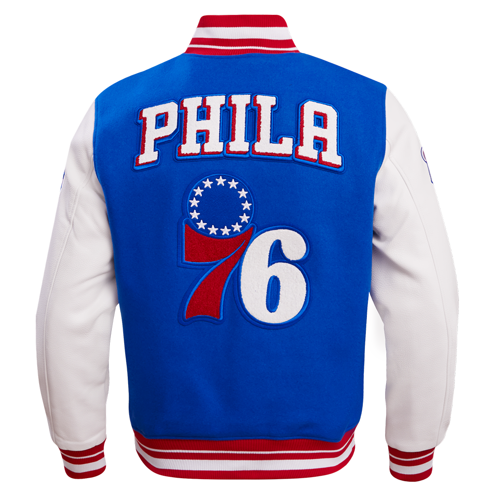 NBA PHILADELPHIA 76ERS RETRO CLASSIC MEN'S RIB WOOL VARSITY JACKET (ROYAL/RED)