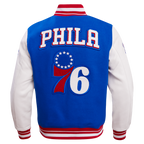 NBA PHILADELPHIA 76ERS RETRO CLASSIC MEN'S RIB WOOL VARSITY JACKET (ROYAL/RED)