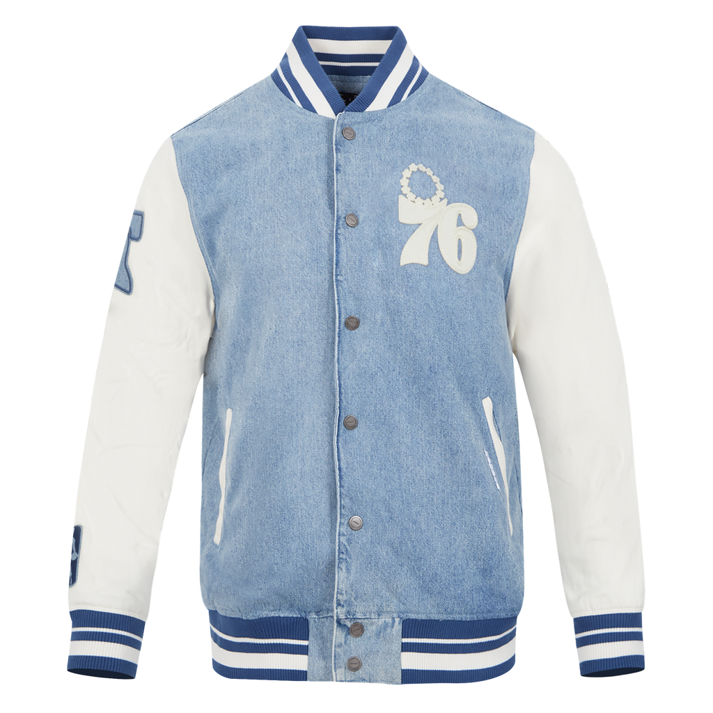 NBA PHILADELPHIA 76ERS VARSITY BLUES BLOUSON COLLÉGIAL EN DENIM POUR HOMME (DENIM/LIN)