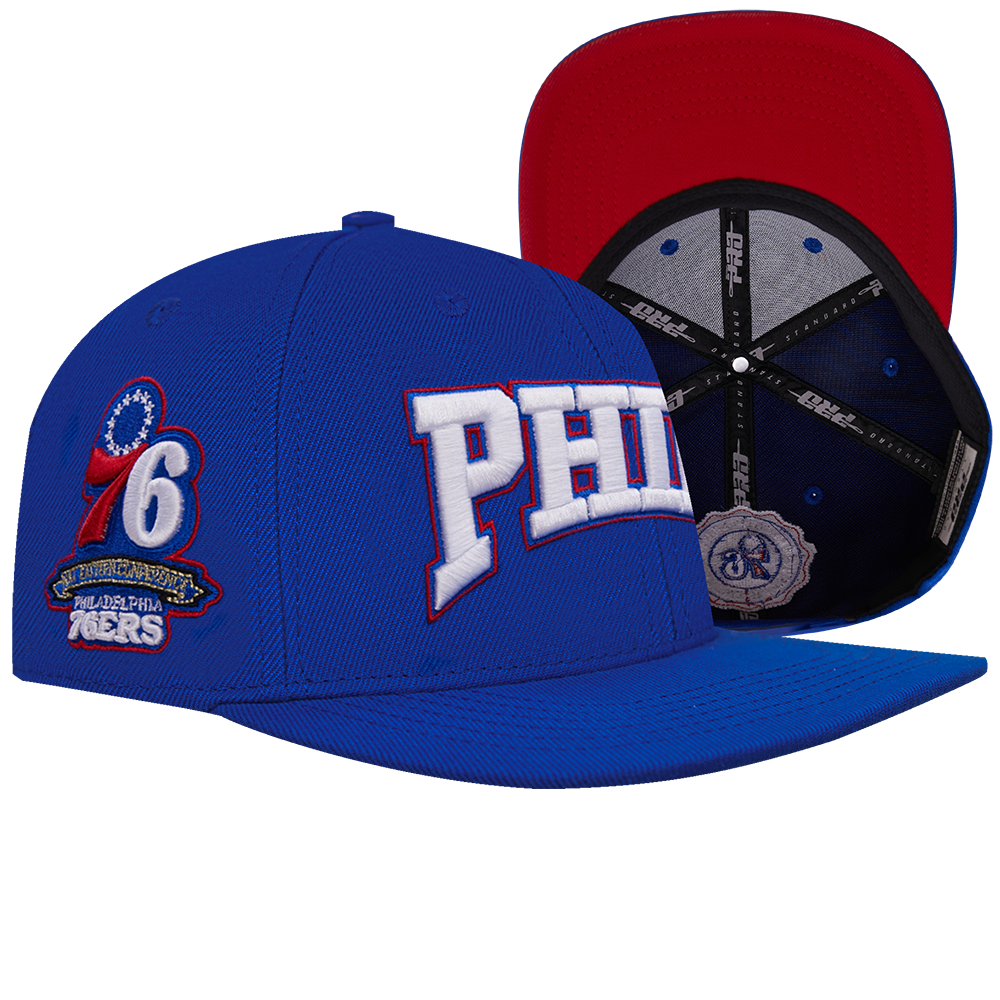 NBA PHILADELPHIA 76ERS CREST EMBLEM UNISEX WORDMARK WOOL SNAPBACK HAT (ROYAL BLUE)