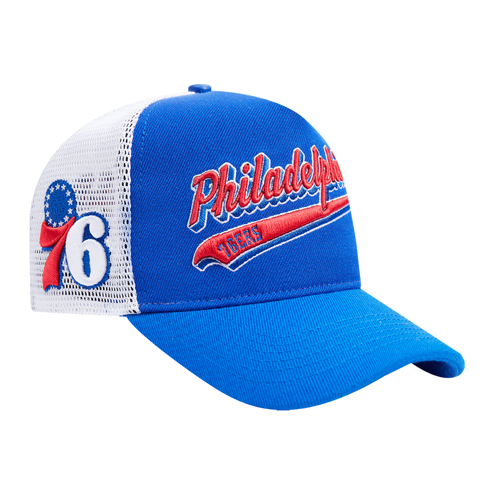 NBA PHILADELPHIA 76ers SCRIPT TAIL TRUCKER HAT (ROYAL BLUE)
