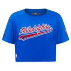 NBA PHILADELPHIA 76ers SCRIPT TAIL WOMEN'S SINGLE JERSEY BOXY TEE (ROYAL BLUE)