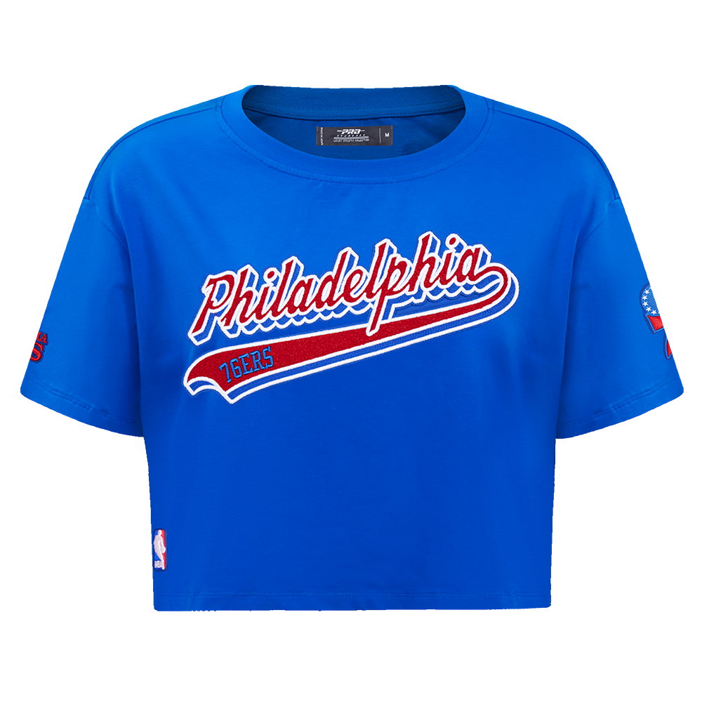NBA PHILADELPHIA 76ers SCRIPT TAIL WOMEN'S SINGLE JERSEY BOXY TEE (ROYAL BLUE)