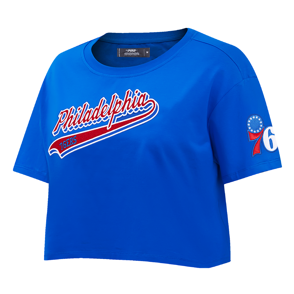 NBA PHILADELPHIA 76ers SCRIPT TAIL WOMEN'S SINGLE JERSEY BOXY TEE (ROYAL BLUE)