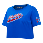 NBA PHILADELPHIA 76ers SCRIPT TAIL WOMEN'S SINGLE JERSEY BOXY TEE (ROYAL BLUE)