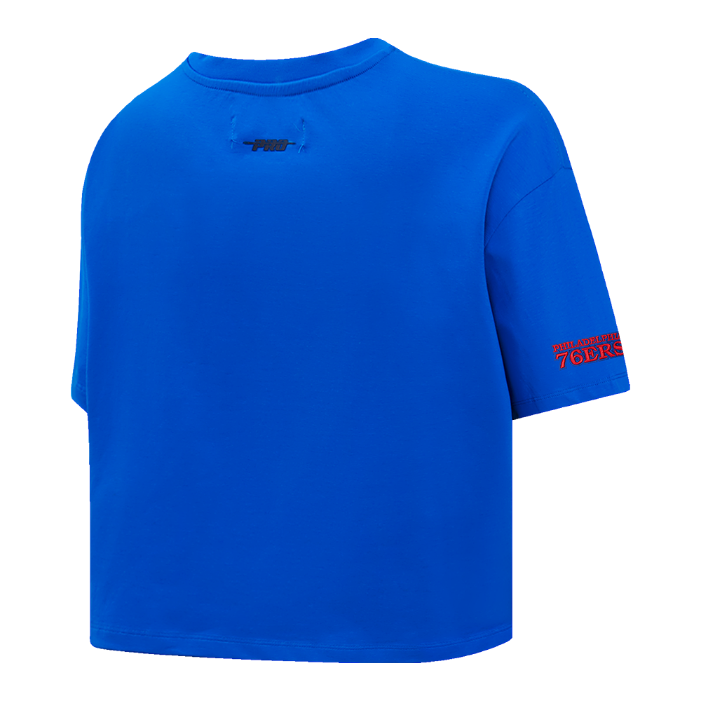 NBA PHILADELPHIA 76ers SCRIPT TAIL WOMEN'S SINGLE JERSEY BOXY TEE (ROYAL BLUE)