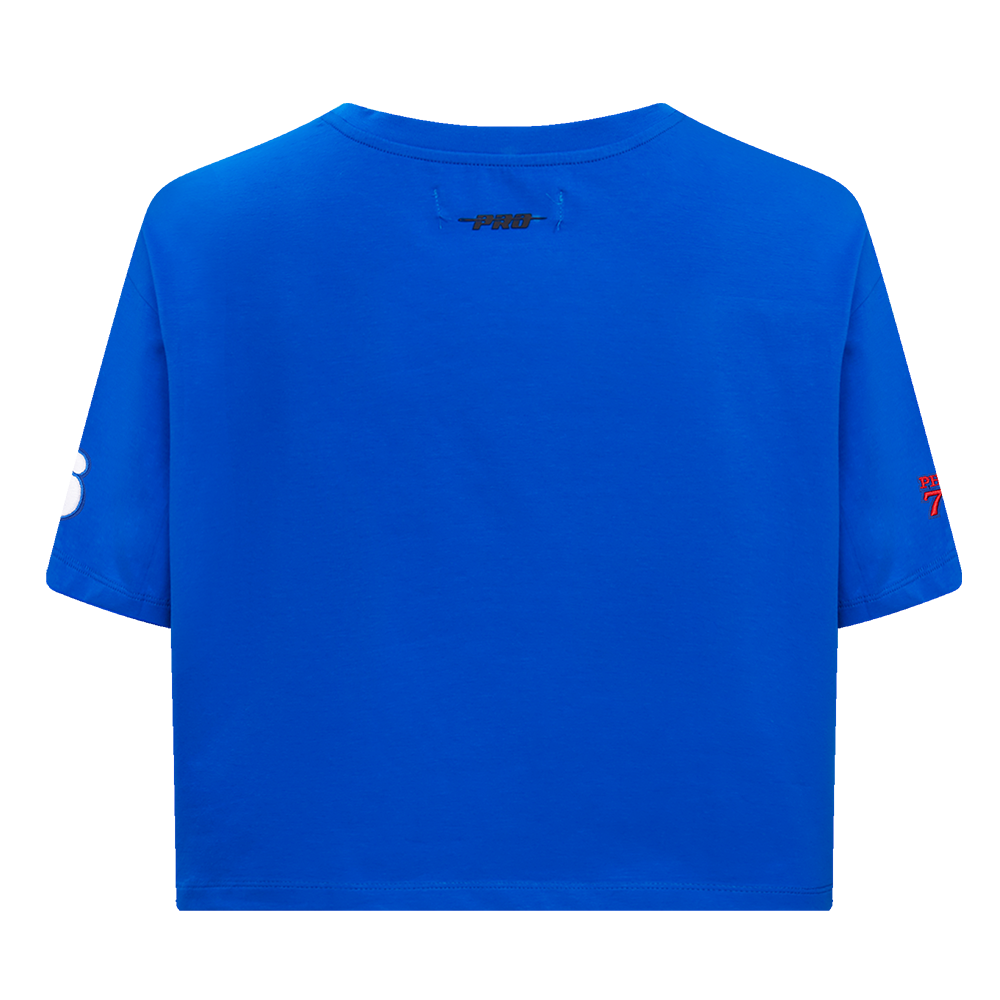 NBA PHILADELPHIA 76ers SCRIPT TAIL WOMEN'S SINGLE JERSEY BOXY TEE (ROYAL BLUE)