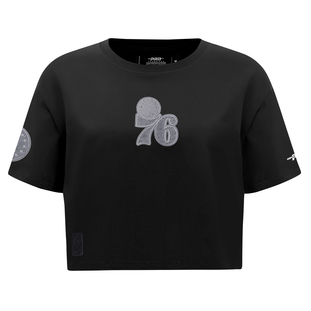 NBA PHILADELPHIA 76ERS REVERSE FRENCH TERRY T-SHIRT EN JERSEY SIMPLE À COUPE CARRÉE POUR FEMME (NOIR)