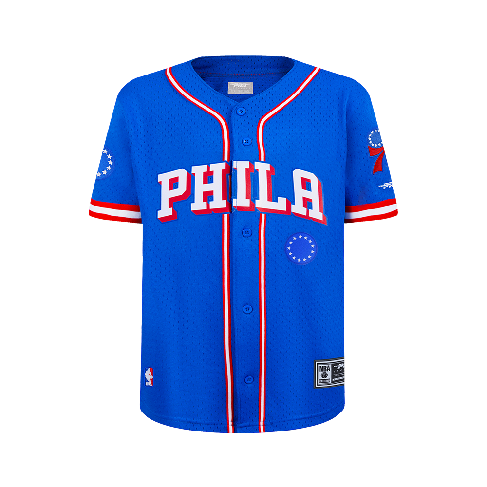 NBA PHILADELPHIA 76ERS CLASSIC BIG BOY'S MESH BUTTON DOWN SHIRT (ROYAL BLUE/RED)