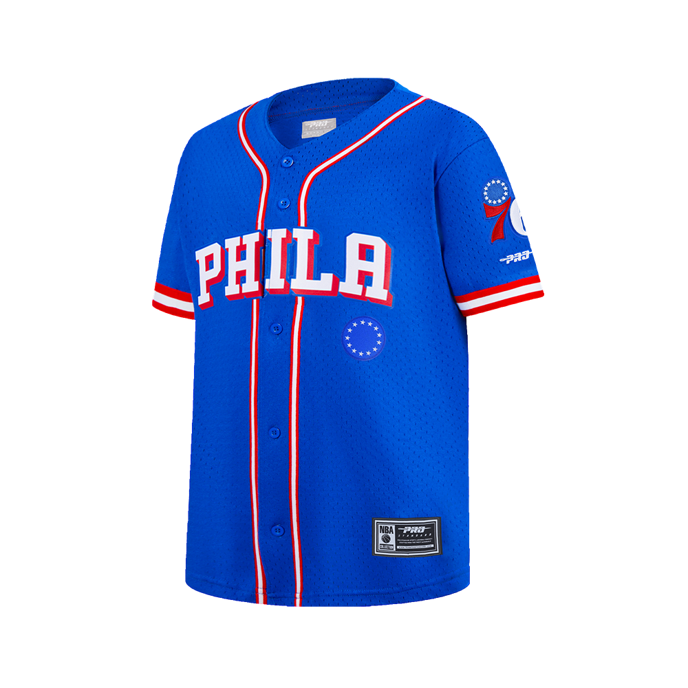 NBA PHILADELPHIA 76ERS CLASSIC BIG BOY'S MESH BUTTON DOWN SHIRT (ROYAL BLUE/RED)