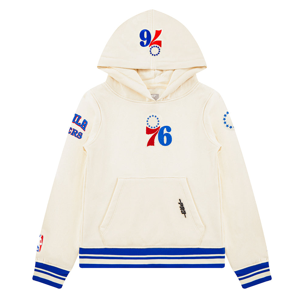 NBA PHILADELPHIA 76ERS RETRO CLASSIC BIG BOY'S RIB FLEECE PULLOVER HOODIE (EGGSHELL/ROYAL BLUE)