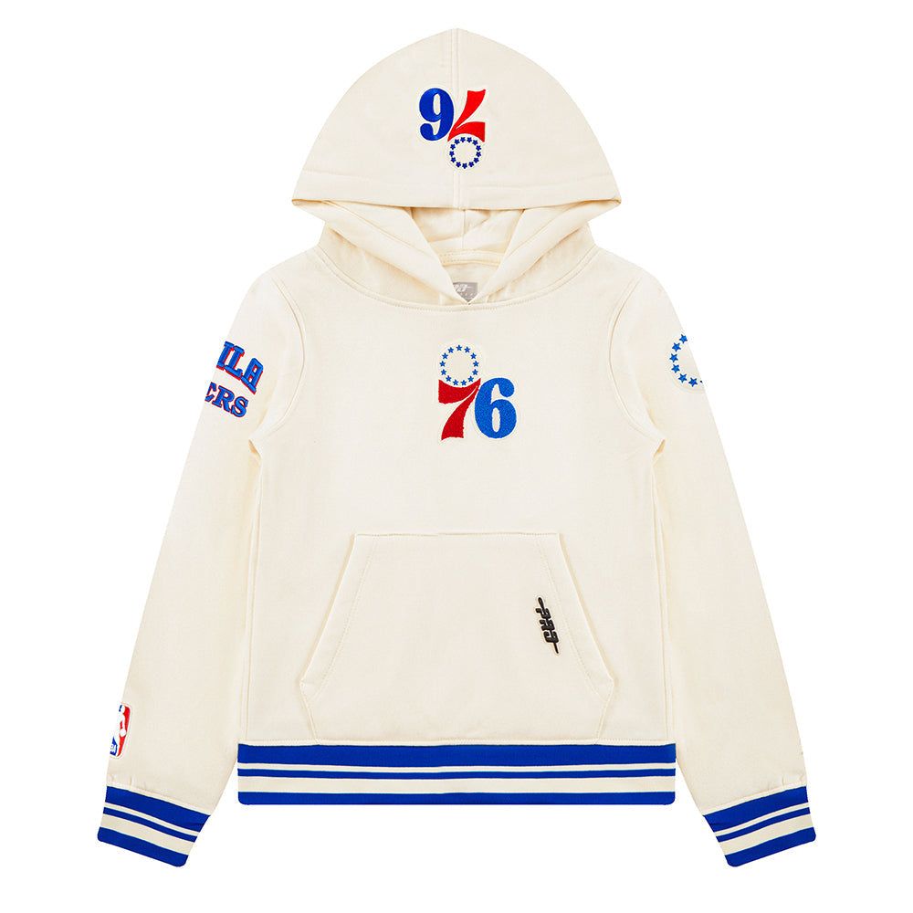 NBA PHILADELPHIA 76ERS RETRO CLASSIC BIG BOY'S RIB FLEECE PULLOVER HOODIE (EGGSHELL/ROYAL BLUE)