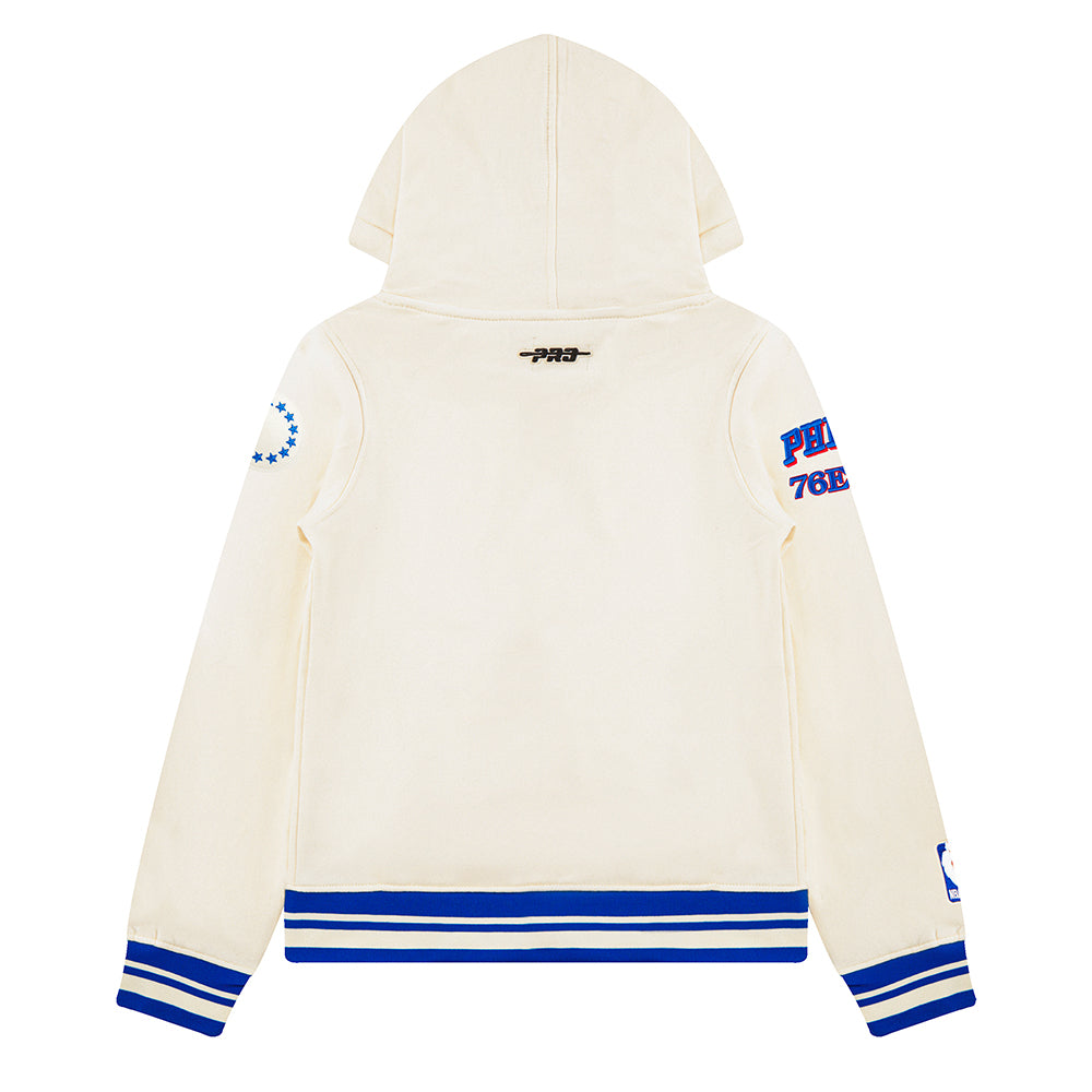 NBA PHILADELPHIA 76ERS RETRO CLASSIC BIG BOY'S RIB FLEECE PULLOVER HOODIE (EGGSHELL/ROYAL BLUE)