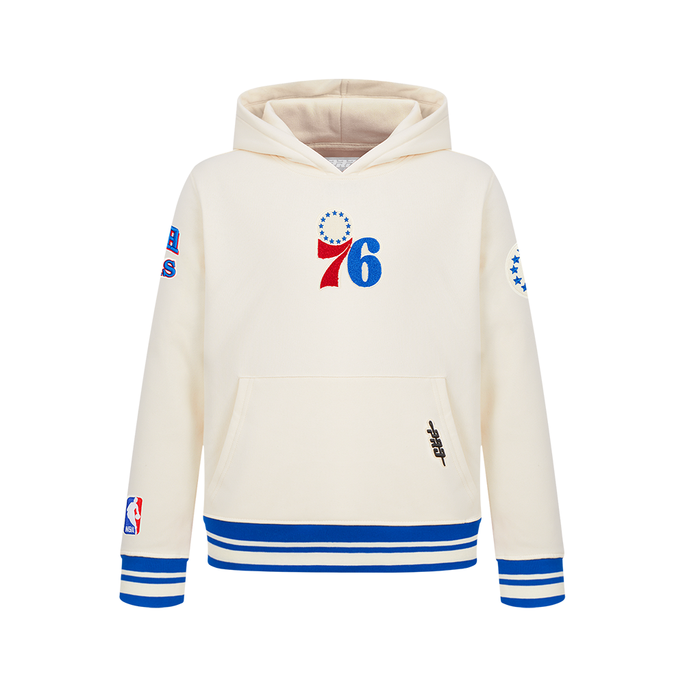 NBA PHILADELPHIA 76ERS RETRO CLASSIC BIG BOY'S RIB FLEECE PULLOVER HOODIE (EGGSHELL/ROYAL BLUE)