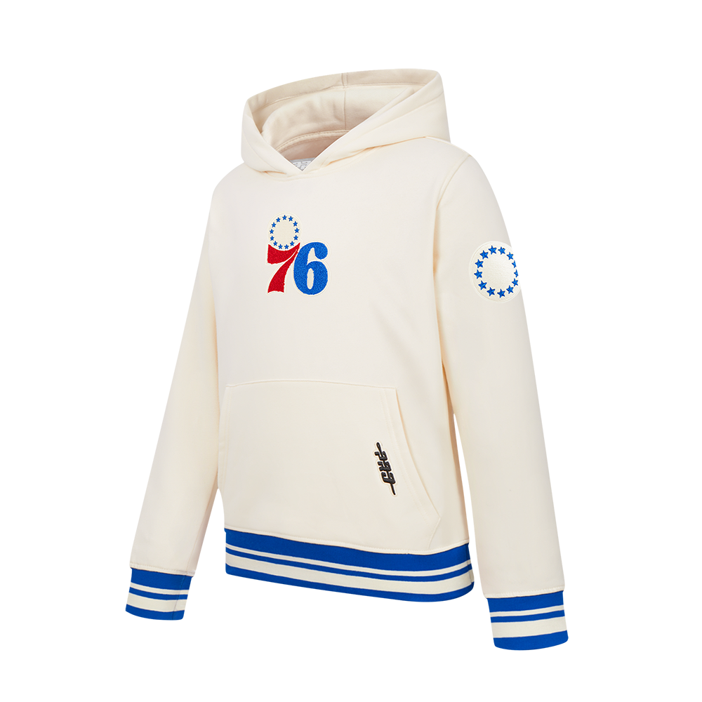 NBA PHILADELPHIA 76ERS RETRO CLASSIC BIG BOY'S RIB FLEECE PULLOVER HOODIE (EGGSHELL/ROYAL BLUE)