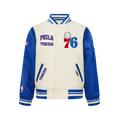 NBA PHILADELPHIA 76ERS RETRO CLASSIC BIG BOY'S RIB WOOL VARSITY JACKET (EGGSHELL/ROYAL BLUE)