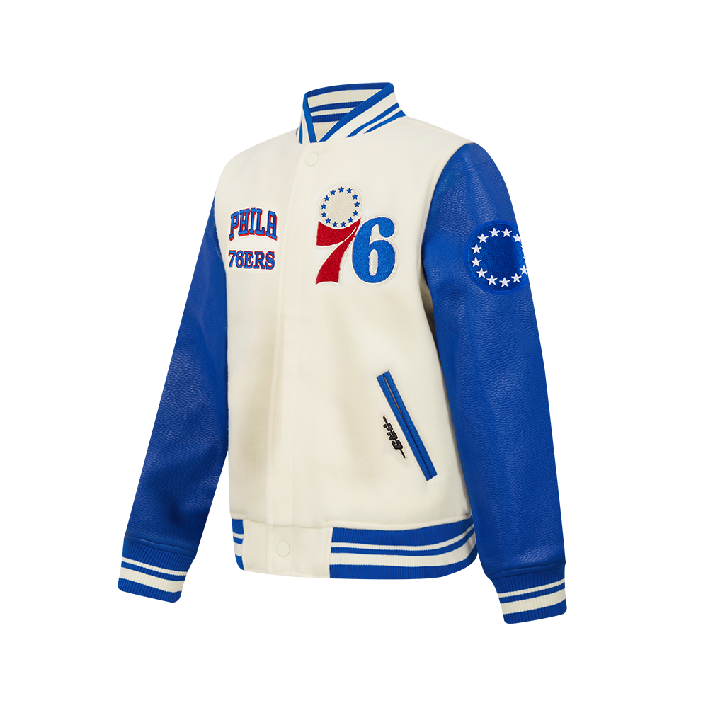 NBA PHILADELPHIA 76ERS RETRO CLASSIC BIG BOY'S RIB WOOL VARSITY JACKET (EGGSHELL/ROYAL BLUE)
