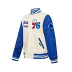 NBA PHILADELPHIA 76ERS RETRO CLASSIC BIG BOY'S RIB WOOL VARSITY JACKET (EGGSHELL/ROYAL BLUE)