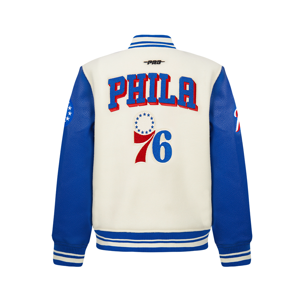 NBA PHILADELPHIA 76ERS RETRO CLASSIC BIG BOY'S RIB WOOL VARSITY JACKET (EGGSHELL/ROYAL BLUE)