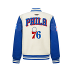 NBA PHILADELPHIA 76ERS RETRO CLASSIC BIG BOY'S RIB WOOL VARSITY JACKET (EGGSHELL/ROYAL BLUE)