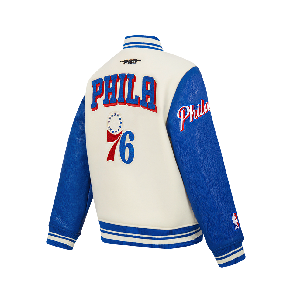 NBA PHILADELPHIA 76ERS RETRO CLASSIC BIG BOY'S RIB WOOL VARSITY JACKET (EGGSHELL/ROYAL BLUE)