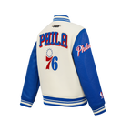 NBA PHILADELPHIA 76ERS RETRO CLASSIC BIG BOY'S RIB WOOL VARSITY JACKET (EGGSHELL/ROYAL BLUE)