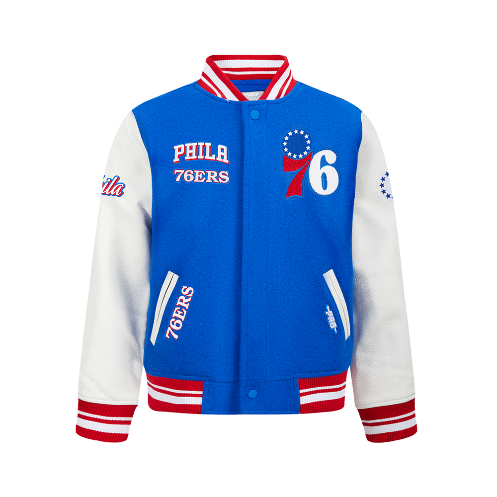 NBA PHILADELPHIA 76ERS RETRO CLASSIC BLOUSON COLLÉGIAL EN LAINE À BORDS CÔTELÉS POUR GARÇON JUNIOR (BLEU ROYAL/ROUGE)