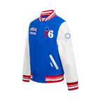 NBA PHILADELPHIA 76ERS RETRO CLASSIC BLOUSON COLLÉGIAL EN LAINE À BORDS CÔTELÉS POUR GARÇON JUNIOR (BLEU ROYAL/ROUGE)