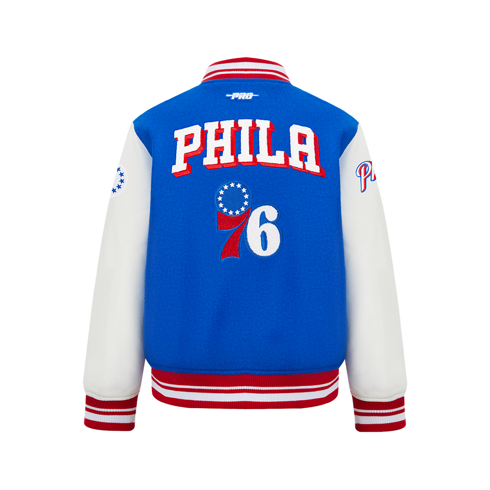 NBA PHILADELPHIA 76ERS RETRO CLASSIC BLOUSON COLLÉGIAL EN LAINE À BORDS CÔTELÉS POUR GARÇON JUNIOR (BLEU ROYAL/ROUGE)
