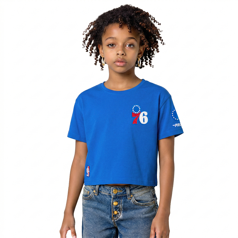 NBA PHILADELPHIA 76ERS CLASSIC T-SHIRT À COUPE CARRÉE À MANCHES COURTES POUR FILLE JUNIOR (BLEU ROYAL)
