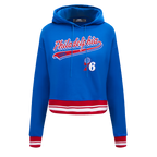 NBA PHILADELPHIA 76ERS SCRIPT TAIL CHANDAIL À CAPUCHON COURT EN MOLLETON CÔTELÉ POUR FEMME (BLEU ROYAL/ROUGE)