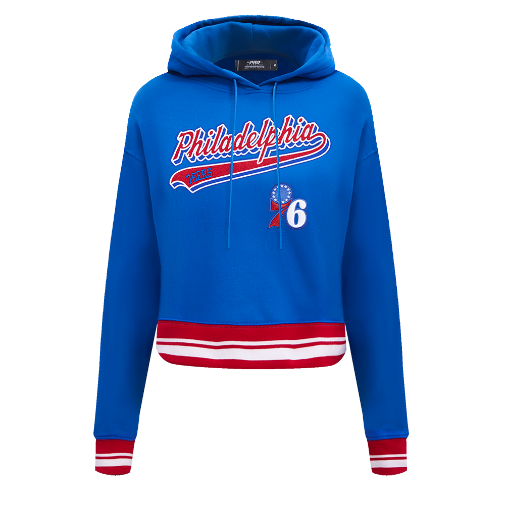 NBA PHILADELPHIA 76ERS SCRIPT TAIL CHANDAIL À CAPUCHON COURT EN MOLLETON CÔTELÉ POUR FEMME (BLEU ROYAL/ROUGE)