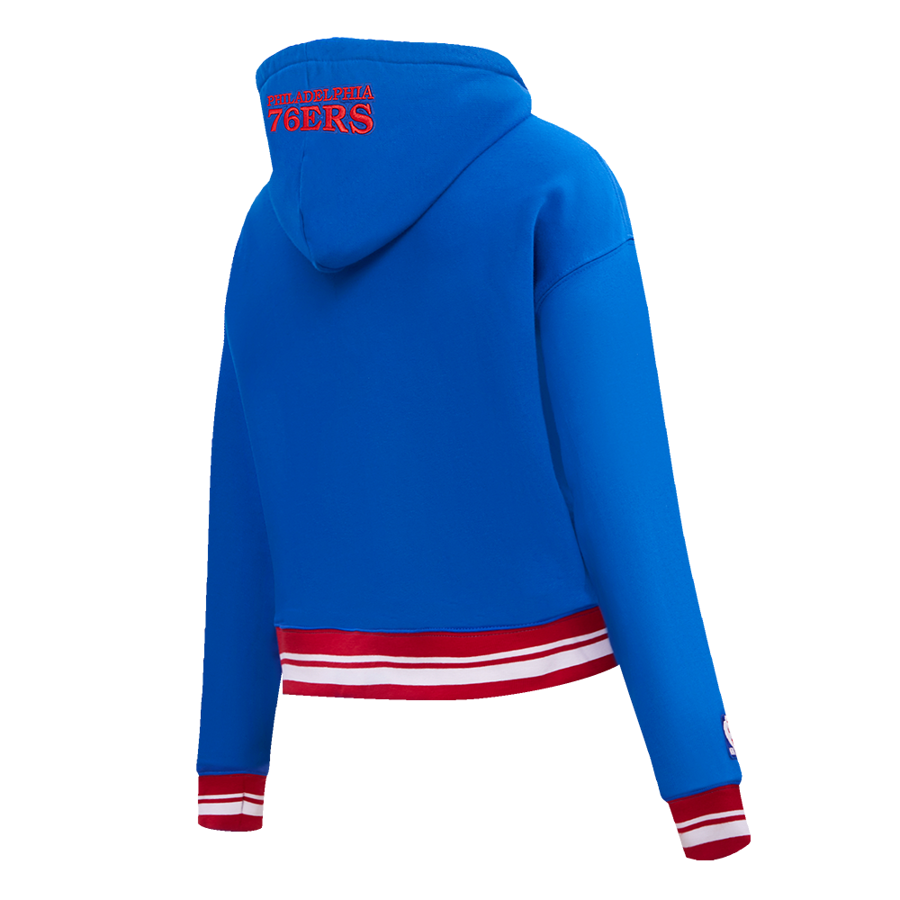 NBA PHILADELPHIA 76ERS SCRIPT TAIL CHANDAIL À CAPUCHON COURT EN MOLLETON CÔTELÉ POUR FEMME (BLEU ROYAL/ROUGE)