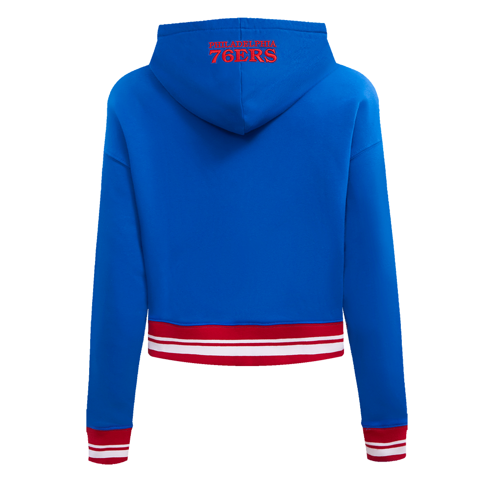 NBA PHILADELPHIA 76ERS SCRIPT TAIL CHANDAIL À CAPUCHON COURT EN MOLLETON CÔTELÉ POUR FEMME (BLEU ROYAL/ROUGE)