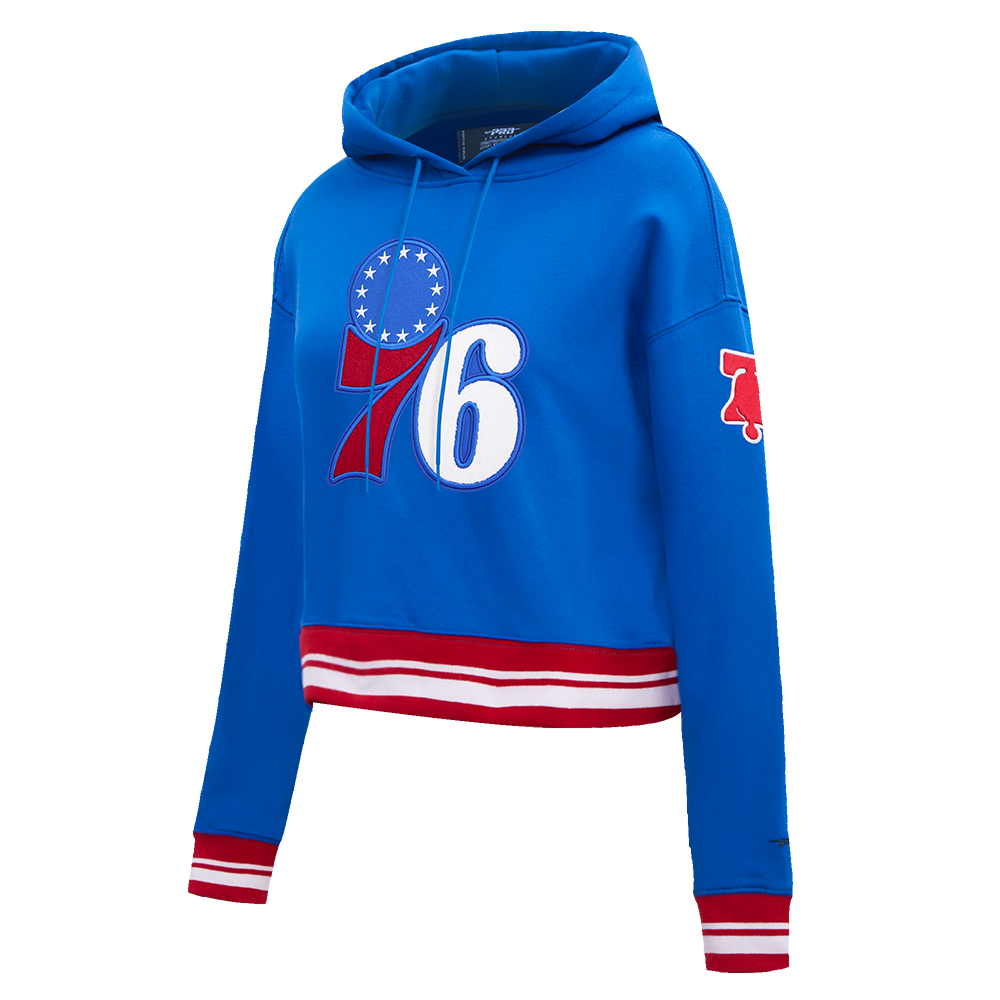 NBA PHILADELPHIA 76ERS RETRO CLASSIC WOMEN'S CROPPED PULLOVER HOODIE (ROYAL BLUE/RED)