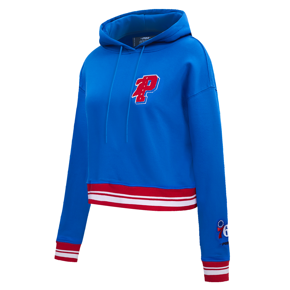 NBA PHILADELPHIA 76ERS MASHUP WOMEN'S RIB CROPPED PULLOVER HOODIE (ROYAL BLUE/RED)