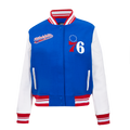 NBA PHILADELPHIA 76ers SCRIPT TAIL WOMEN'S WOOL VARSITY JACKET (ROYAL BLUE/RED)