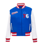 NBA PHILADELPHIA 76ers SCRIPT TAIL WOMEN'S WOOL VARSITY JACKET (ROYAL BLUE/RED)