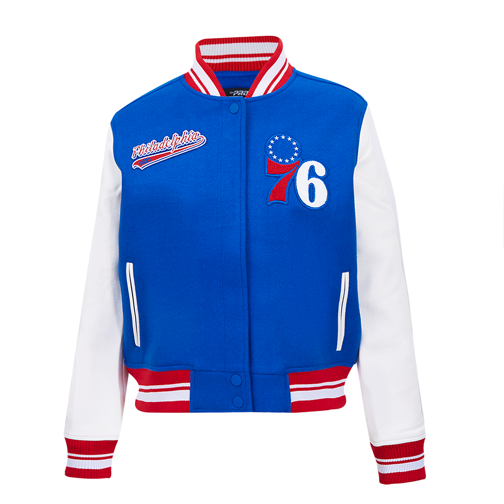 NBA PHILADELPHIA 76ers SCRIPT TAIL WOMEN'S WOOL VARSITY JACKET (ROYAL BLUE/RED)