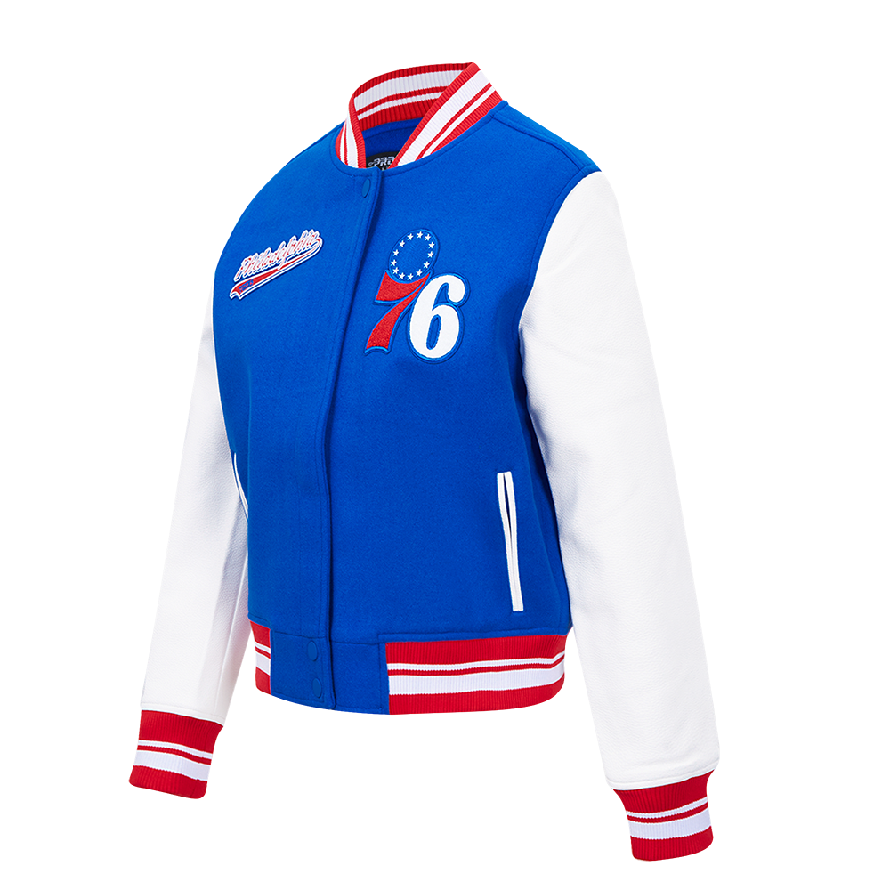 NBA PHILADELPHIA 76ers SCRIPT TAIL WOMEN'S WOOL VARSITY JACKET (ROYAL BLUE/RED)