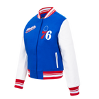 NBA PHILADELPHIA 76ers SCRIPT TAIL WOMEN'S WOOL VARSITY JACKET (ROYAL BLUE/RED)
