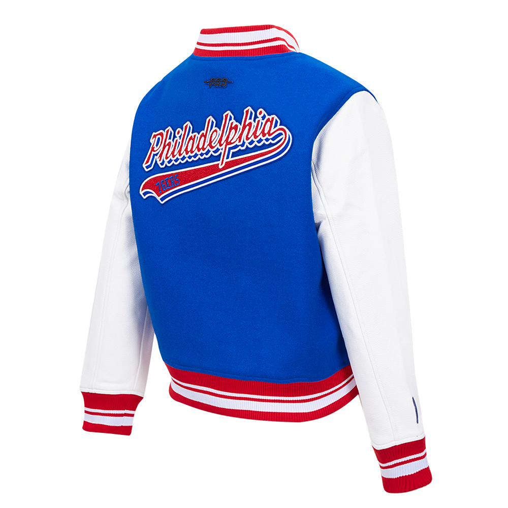 NBA PHILADELPHIA 76ers SCRIPT TAIL WOMEN'S WOOL VARSITY JACKET (ROYAL BLUE/RED)
