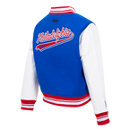 NBA PHILADELPHIA 76ers SCRIPT TAIL WOMEN'S WOOL VARSITY JACKET (ROYAL BLUE/RED)