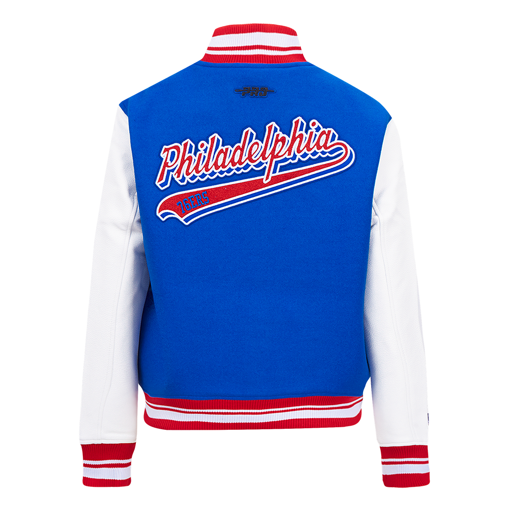 NBA PHILADELPHIA 76ers SCRIPT TAIL WOMEN'S WOOL VARSITY JACKET (ROYAL BLUE/RED)