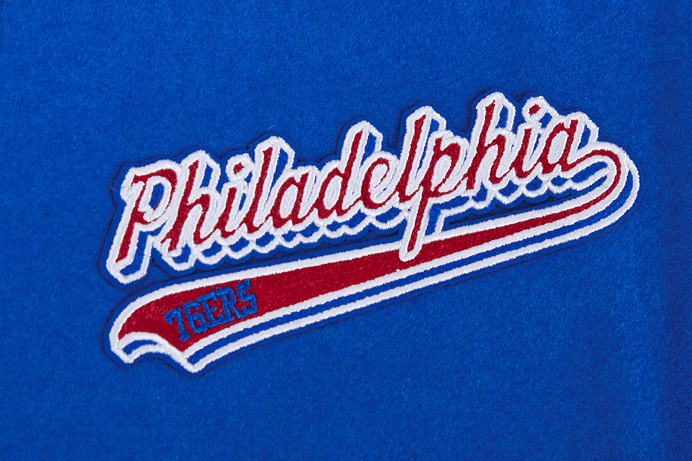 NBA PHILADELPHIA 76ers SCRIPT TAIL WOMEN'S WOOL VARSITY JACKET (ROYAL BLUE/RED)