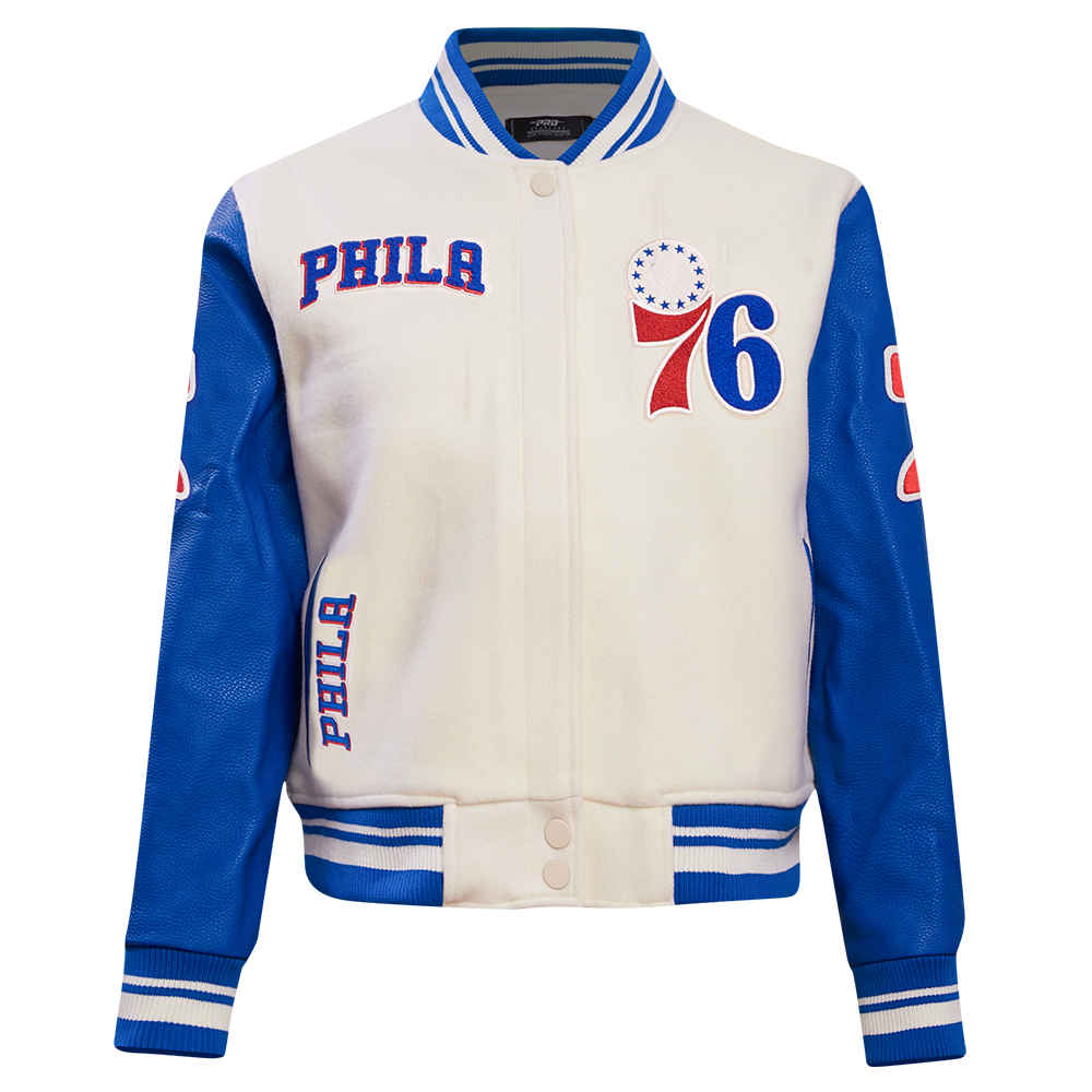 NBA PHILADELPHIA 76ers RETRO CLASSIC WOMEN'S RIB WOOL VARSITY JACKET (EGGSHELL/ROYAL BLUE)